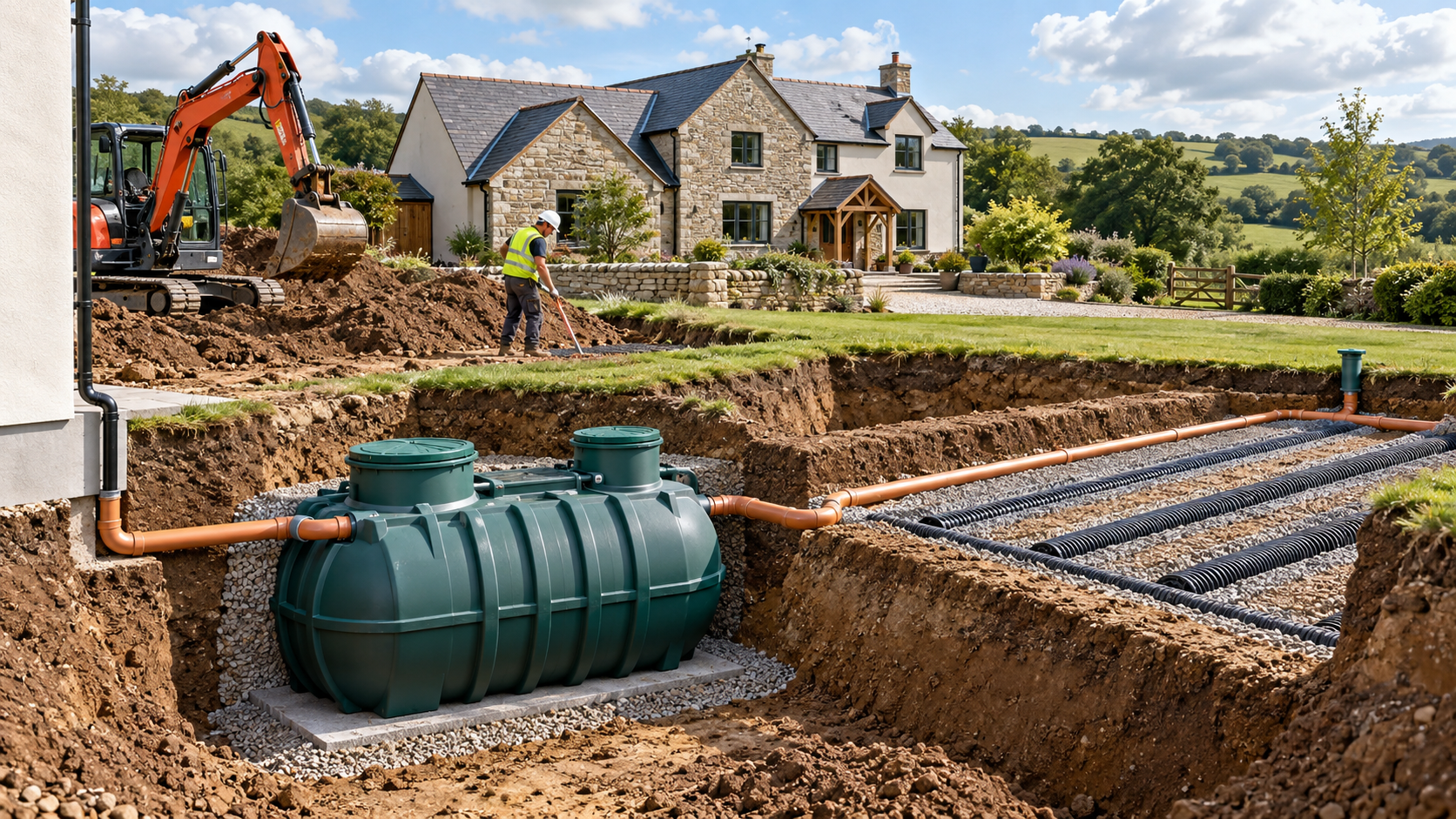 Illustration of a septic tank and drainage field installation at a rural property